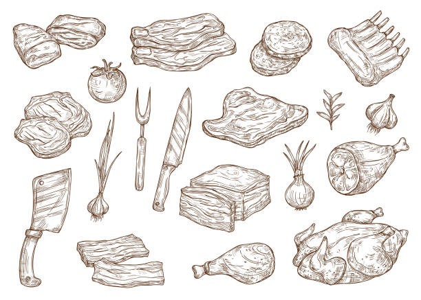 Butcher shop meat and barbecue cooking, sketch Meat food sketch, butchery products and barbecue cooking ingredients. Vector beef steak, pork ham and chicken or turkey meat with butcher knife and fork, bacon and veal bbq pork loin stock illustrations