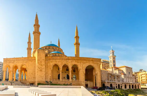 Photo of Mohammad Al-Amin Mosque and Saint Georges Maronite cathedral in the center of Beirut, Lebanon