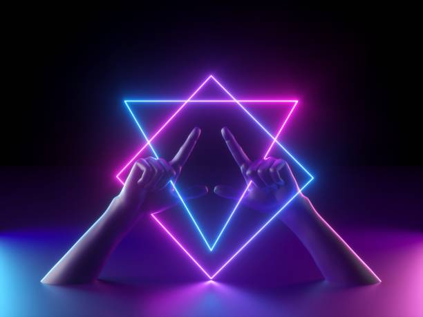 istock 3d render, abstract minimal neon background, mannequin hands, pink blue glowing geometric sign, witch drawing mysterious symbol, occult ritual, halloween mockup, ultraviolet light, fashion concept 1176300307