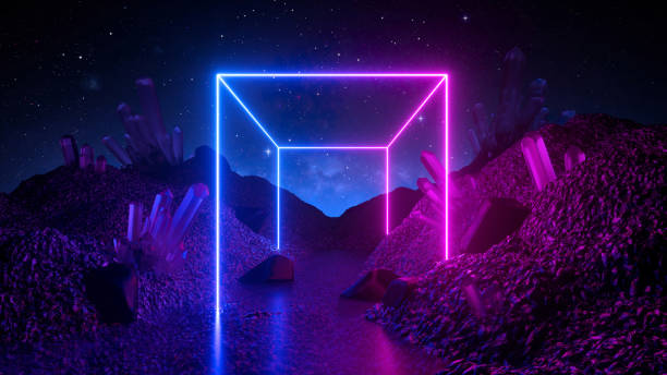 istock 3d render, abstract neon background, mystical cosmic landscape, pink blue glowing cube, futuristic terrain, virtual reality, dark space, ultraviolet light, crystal mountains, rocks, ground 1176300329
