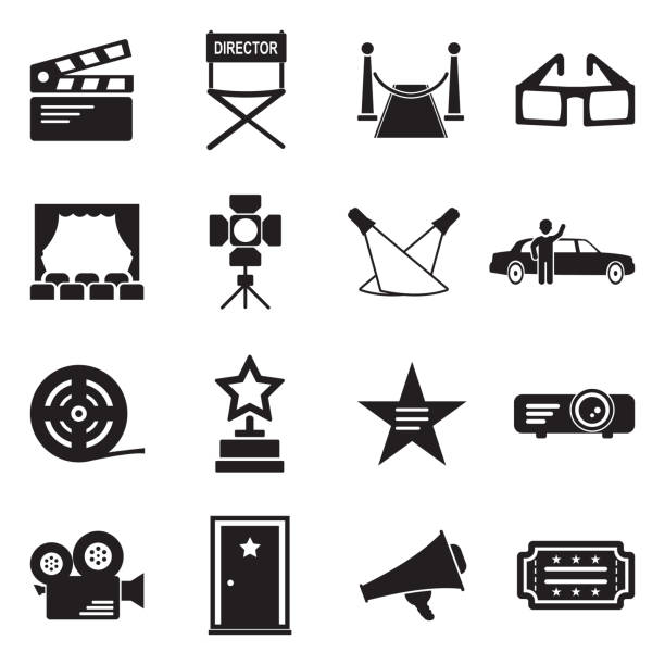 ilustraciones, imágenes clip art, dibujos animados e iconos de stock de iconos de hollywood. diseño plano negro. ilustración vectorial. - estreno