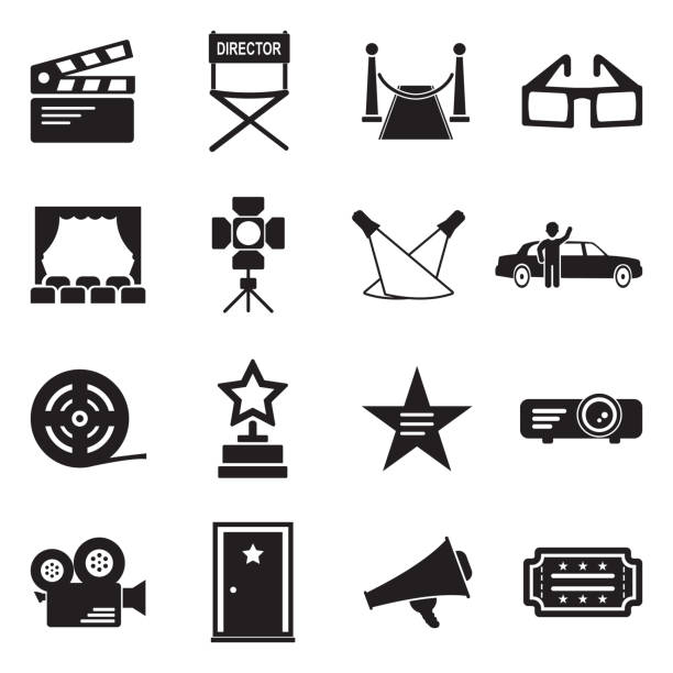 Hollywood Icons. Black Flat Design. Vector Illustration. Movie, Los Angeles, Film, VIP premiere stock illustrations