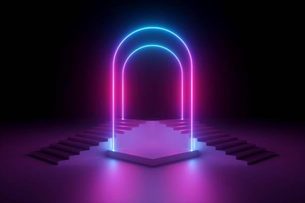 istock 3d render, abstract neon background, glowing pink blue arches, podium in ultraviolet light, stairs, steps, performance stage design, empty fashion podium 1176300349