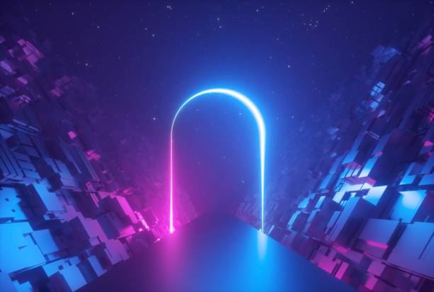 istock 3d render, abstract neon background, pink blue glowing arc, mysterious portal, ultraviolet light, virtual reality 1176300366