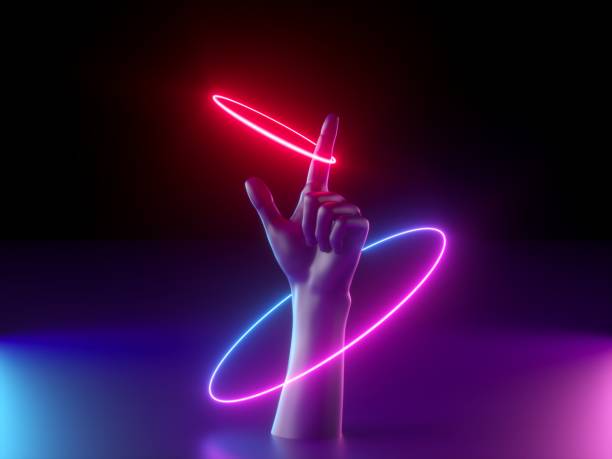 istock 3d render, abstract minimal neon background, mannequin hand in ultraviolet light, red blue glowing rings, magical trick, mysterious halloween show, fashion concept 1176300405