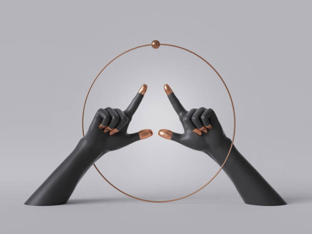 istock 3d render, black decorative female mannequin hands isolated on white background, golden ring, round frame, fingers pointing up, body part, fashion concept, esoteric fortuneteller, clean minimal design 1176301107