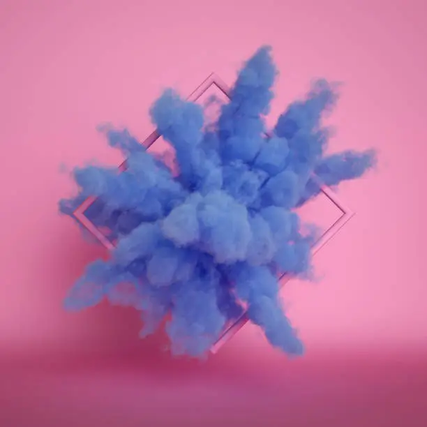 Photo of 3d render, fluffy blue cloud isolated on pink background, dust or mist, object inside rhombus frame