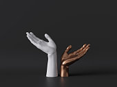 3d render, gold and white female mannequin hands isolated on black background, body parts, fashion concept, religious prayer, sacred ritual, holding gesture, clean minimal design, blank space