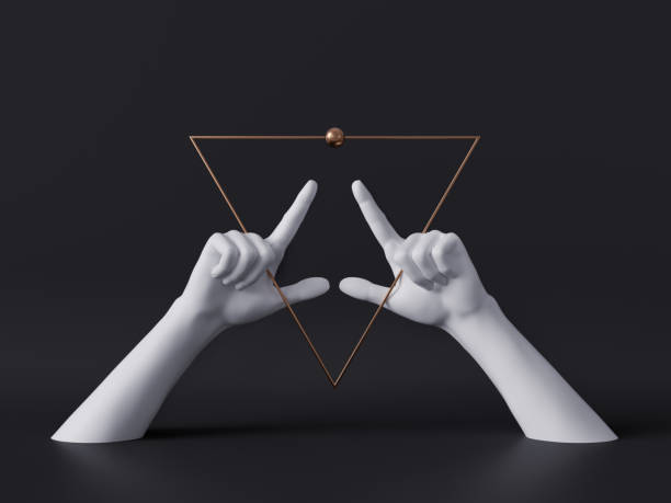 3d render, white decorative female mannequin hands isolated on black background, golden triangle frame, fingers pointing up, body parts, luxury fashion concept, esoteric fortuneteller, minimal design