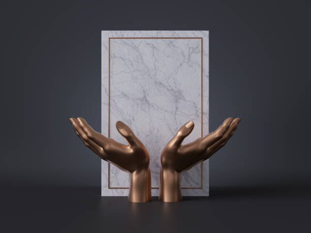 istock 3d render, golden mannequin hands isolated on black background, white marble panel, blank frame, spiritual concept, shop display, luxury minimal mockup, product showcase template, simple clean design 1176301203