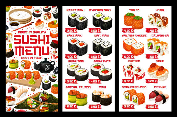 ilustraciones, imágenes clip art, dibujos animados e iconos de stock de comida de sushi asiático, menú de precios de rollos japoneses - smoked salmon illustrations