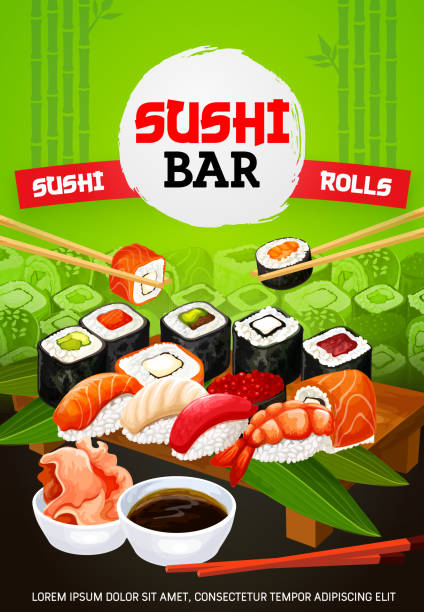 illustrazioni stock, clip art, cartoni animati e icone di tendenza di sushi bar asiatico e menu di pesce giapponese - japanese cuisine temaki sashimi sushi