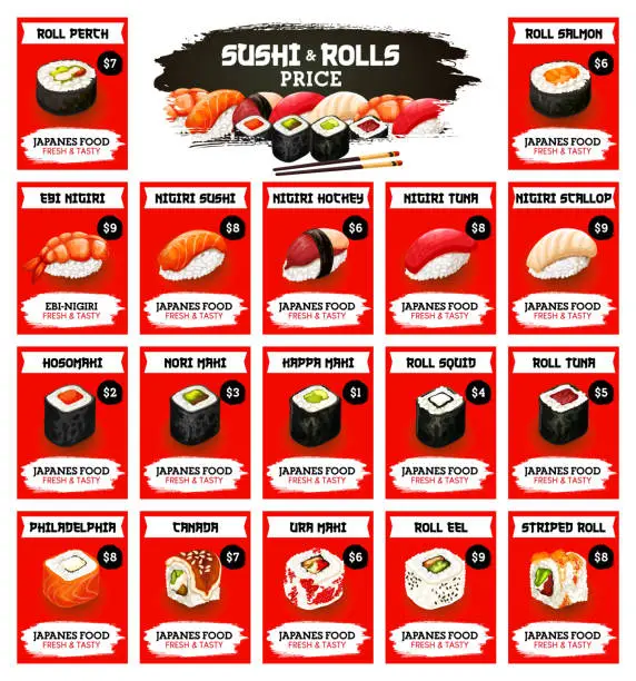 Vector illustration of Asian sushi bar, Japanese seafood rolls menu