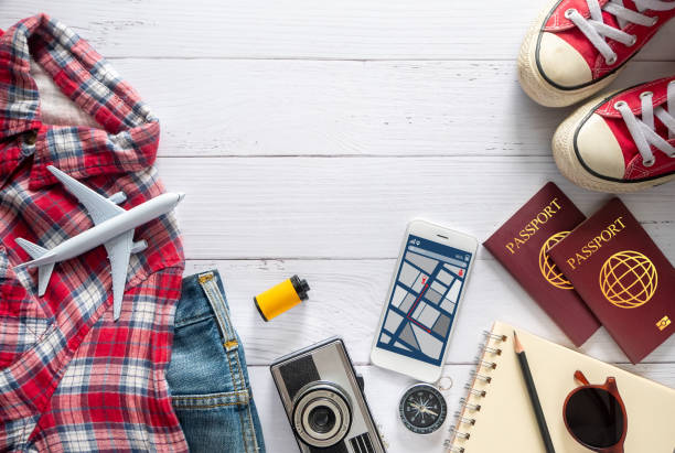 istock flat lay of travel item accessory, essential vacation items accessory with copy space. travel concept background 1176304472