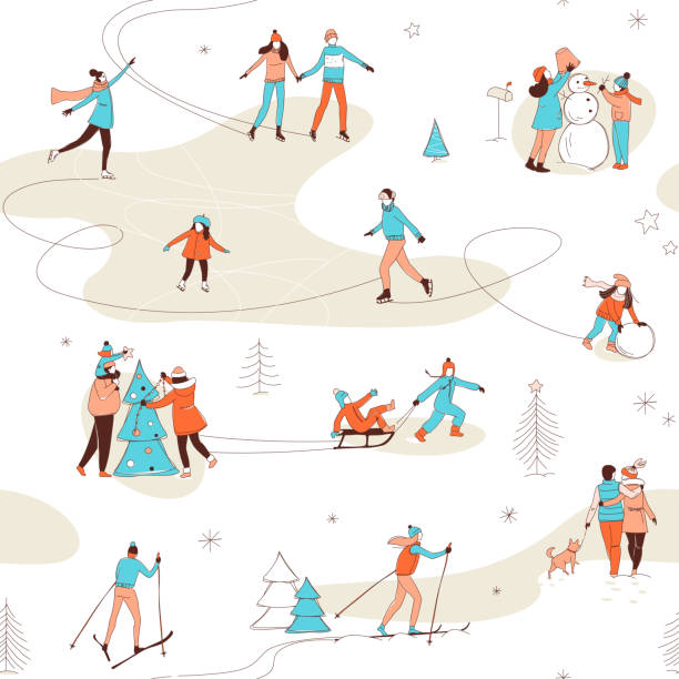 Winter sport activities seamless pattern background. Christmas decorating skiing skating fun. Decorative women men kids children winter activities seamless pattern background. Winter sport Christmas decorating skiing ice skating fun. Hand line drawing doodle colored vector illustration poster ice skating stock illustrations