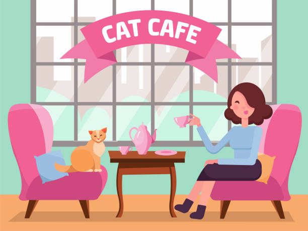 ilustrações de stock, clip art, desenhos animados e ícones de interior of cat cafe with large window, woman and kitty in comfortable arnchairs, coffee on table. girl and cat tea party. spending time with pet. flat cartoon vector illustration in mint pink colors - women coffee tea party drinking