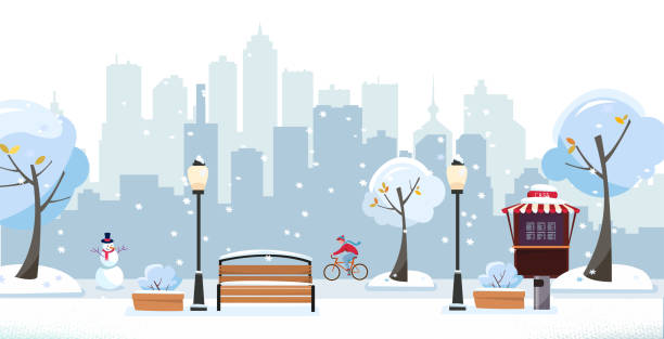 ilustraciones, imágenes clip art, dibujos animados e iconos de stock de parque nevado de invierno. parque público en la ciudad con street cafe contra edificios de gran altura silueta. paisaje con ciclista, árboles en flor, linternas, bancos de madera. ilustración vectorial de dibujos animados planos - recess lighting