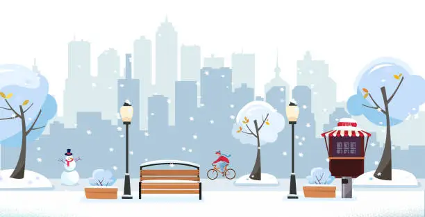 Vector illustration of Winter snowy park. Public park in the city with Street Cafe against high-rise buildings silhouette. Landscape with cyclist, blooming trees, lanterns, wood benches. Flat cartoon vector illustration