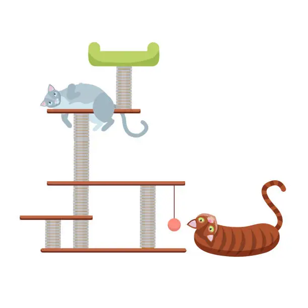 Vector illustration of Tabby kittens on the scratching post. Scratching rope post. Cat house with hanging ball toy. Cute cat lying on cat tower. Flat cartoon vector illustration