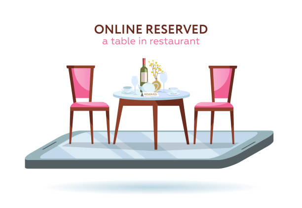 Vector 3d restaurant online booking concept. Smartphone with served table and 2 elegant chairs. Red wine bottle, tray, glasses, plates and vase. Flat cartoon vector illustration on white background Vector 3d restaurant online booking concept. Smartphone with served table and 2 elegant chairs. Red wine bottle, tray, glasses, plates and vase. Flat cartoon vector illustration on white background. banquet chairs stock illustrations