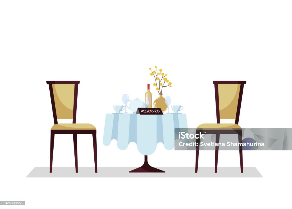 Reserved Expensive Restaurant Round Table With Tablecloth Plant Wineglasses  Wine Bottle Teapot Cuts Reservation Tabletop Sign On It And Two Soft Chairs  Flat Cartoon Vector Illustration Stock Illustration - Download Image Now -