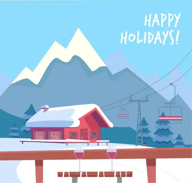 Vector illustration of View from the ski cafe at a table with glasses of red wine. Ski resort with lift, cable-cars, house and winter mountains landscape. Flat cartoon style vector illustration.