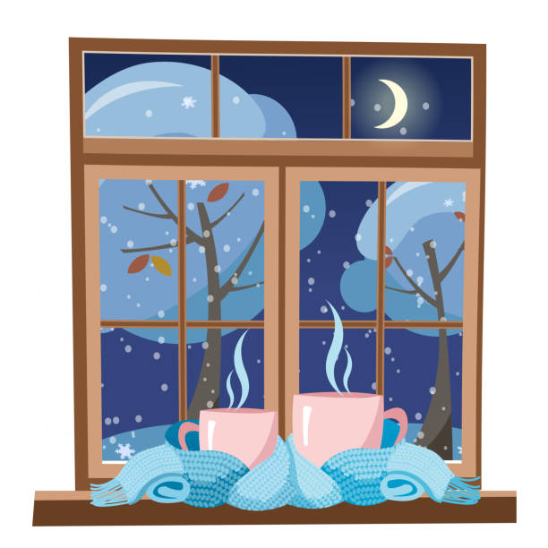 small and big pink mug wrapped in a light blue scarf and standing on the windowsill against the background of winter evening window. mugs tied together warming scarf. Flat cartoon vector illustration small and big pink mug wrapped in a light blue scarf and standing on the windowsill against the background of winter evening window. mugs tied together warming scarf. Flat cartoon vector illustration zills stock illustrations