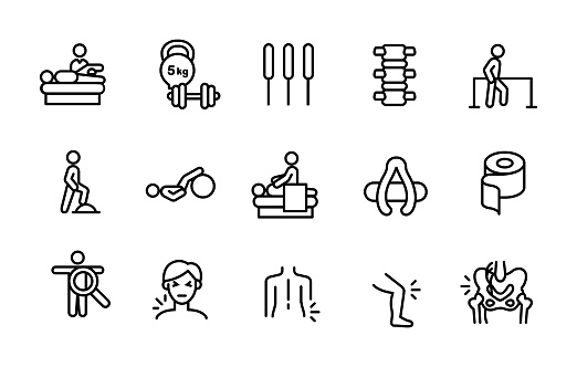 Set of physiotherapy icons for clinic, hospital, medical institution website, infographics or publications