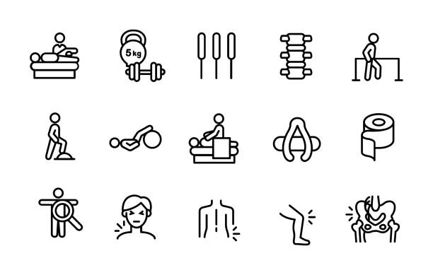 Physiotherapy Icon Set - Pain Causes, Symptoms, Kinesotape, Exercise Equipment and Treatment Set of physiotherapy icons for clinic, hospital, medical institution website, infographics or publications physical therapy stretching stock illustrations