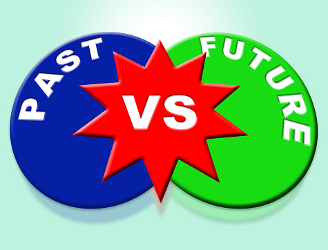 Past Vs Future Words Compares Life Gone With Upcoming Prospects. Looking At Destiny, Fate And Opportunity - 3d Illustration