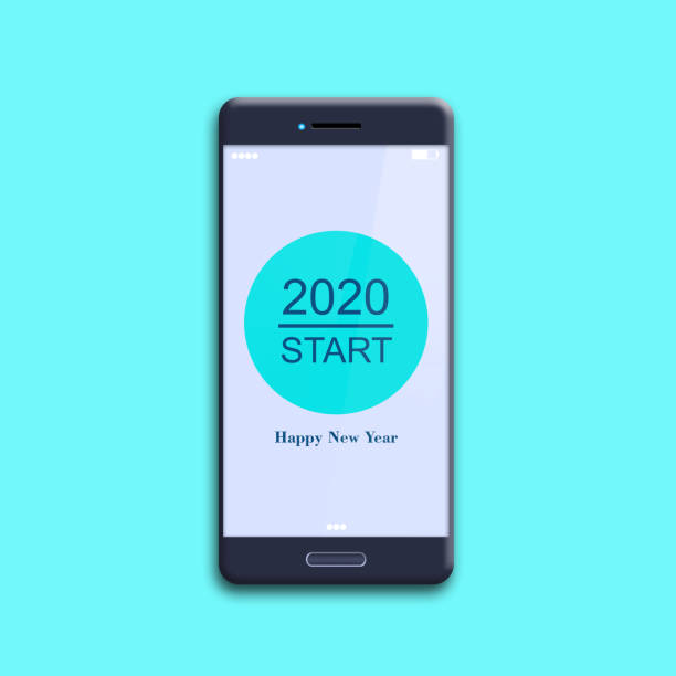 istock Button, 2020 start, on a mobile phone. Isolated on a blue background. The concept of the beginning of the New Year. 1176312809
