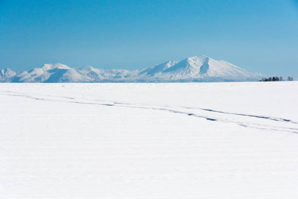 Snowy field, snowy mountain and blue sky