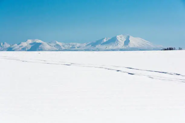 Snowy field, snowy mountain and blue sky.Mt.Daisetuzan