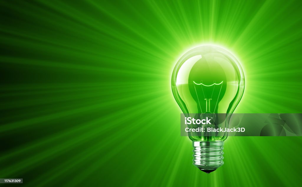 Shine of Green Light Bulb Business background. 3D render. The image can be croped easily. Light Bulb Stock Photo