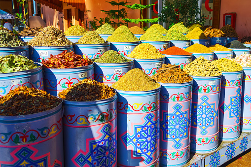Morocco. Marrakesh. December 8, 2018. Shop with different spices Morocco Marrakesh Travels sights