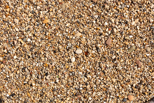 texture of bright and colored pebbles, wet by the waves of the beach