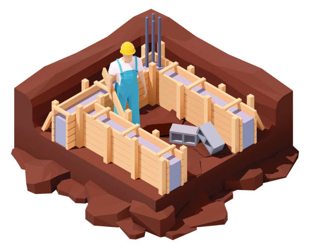 Vector isometric house foundation works Vector isometric house construction site. House builder working on new cement or concrete foundation of the buildings with wooden formwork concrete borders stock illustrations