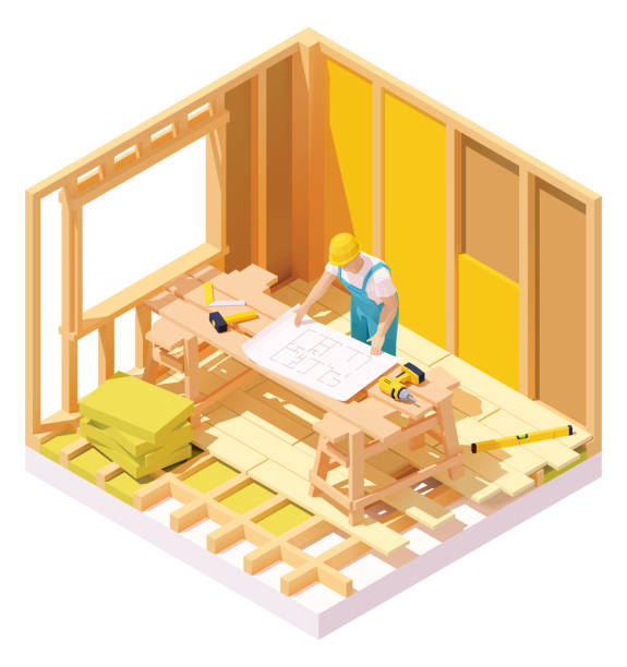 Vector isometric house construction Vector isometric house construction site. Wooden logs framing, builder with house plan blueprint, insulation materials for walls and wooden floor blueprint borders stock illustrations