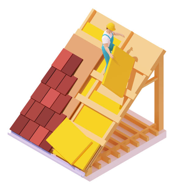 illustrazioni stock, clip art, cartoni animati e icone di tendenza di costruzione del tetto della casa isometrica vettoriale - construction building contractor housing development house