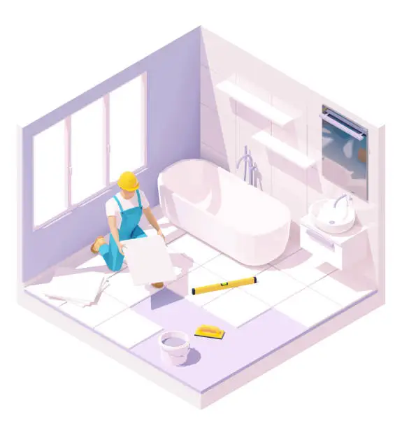 Vector illustration of Vector isometric tiler laying tiles