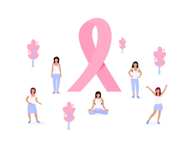 illustrazioni stock, clip art, cartoni animati e icone di tendenza di mese nazionale di sensibilizzazione sul cancro al seno. un enorme nastro rosa. le piccole donne trascorrono del tempo nel parco - backgrounds pink femininity ribbon