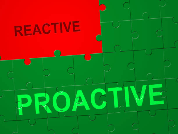 proactive vs reactive jigsaw representing taking aggressive initiative or reacting - 3d illustration - energia reativa imagens e fotografias de stock
