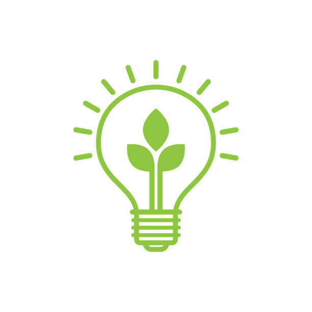glänzende elektrische glühbirne mit grünem blatt. - energie stock-grafiken, -clipart, -cartoons und -symbole