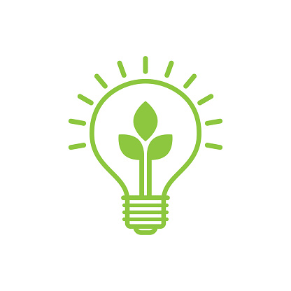 Shining electric light bulb with green leaf. Eco friendly concept. World environment day. Vector illustration