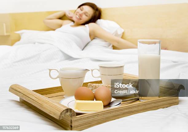 Morning Breakfast Stock Photo - Download Image Now - Adult, Beautiful People, Bed - Furniture