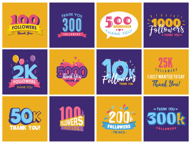 Set of Thank You Followers Labels. Beautiful Cards with Lettering, Like us and Follow us icons. Vector Illustration Logos for Social Networks. 10K, 25K, 50K,100K symbols. Set of Thank You Followers Labels. Beautiful Cards with Lettering, Like us and Follow us icons. Vector Illustration Logos for Social Networks. 10K, 25K, 50K,100K symbols and more. follow up stock illustrations