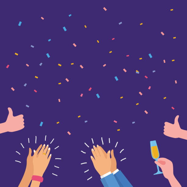 people clapping and celebrating with confetti all around people clapping and celebrating with confetti all around. applaus stock illustrations