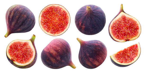 Fresh figs isolated on white background with clipping path, Fresh figs isolated on white background with clipping path, whole and half fruits collection fig photos stock pictures, royalty-free photos & images