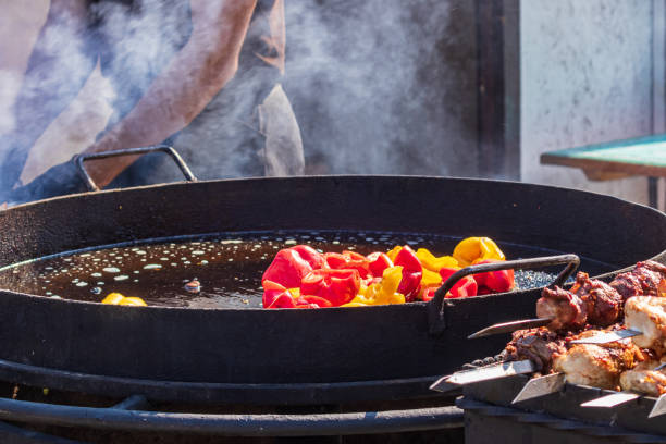 Culinary Buffet with healthy take away meal - grilled vegetables, fish and meat on the street food culinary market, festival, event.