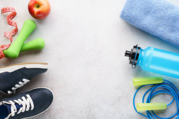 istock Fitness background with various sport equipment. Copy space. 1176326151